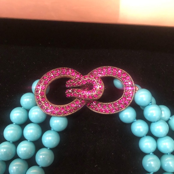NIB Heidi Daus Turquoise Multi-Strand Bead Necklace with Pink Swarovski Clasp - Picture 2 of 7